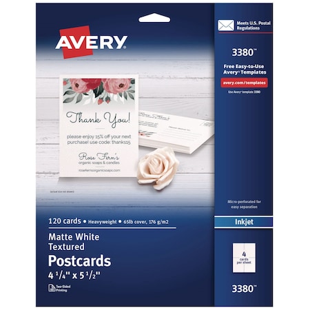 Avery Printable Postcards, Inkjet, 65 lb, 4.25 x 5.5, Textured Matte White, 120PK 3380
